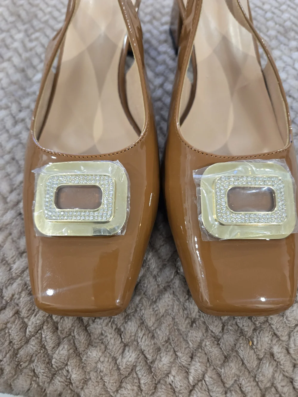 Women's Tan Slingback Block Heel Pumps with Gold Buckle